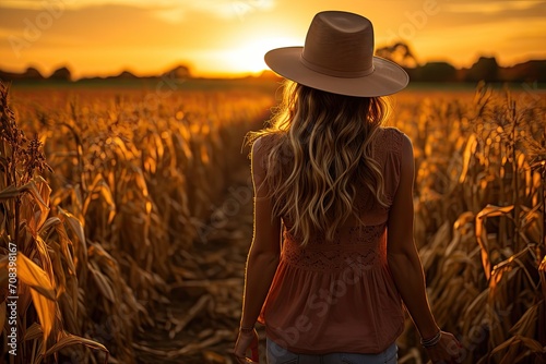 Woman in cornfield, back view, Girl is standing in the field and holding her hands out while looking at sun. We can see rays of sun. There is a big cornfield behind the girl. Generative AI