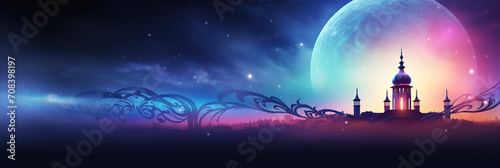 Ramadan banner , a mosque silhouette against a large, glowing full moon with ornate Islamic patterns photo