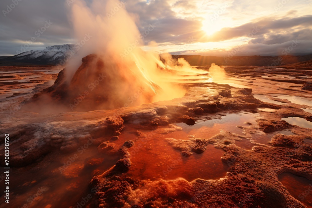 Fototapeta premium Red fumes from a hydrothermal vent geyser