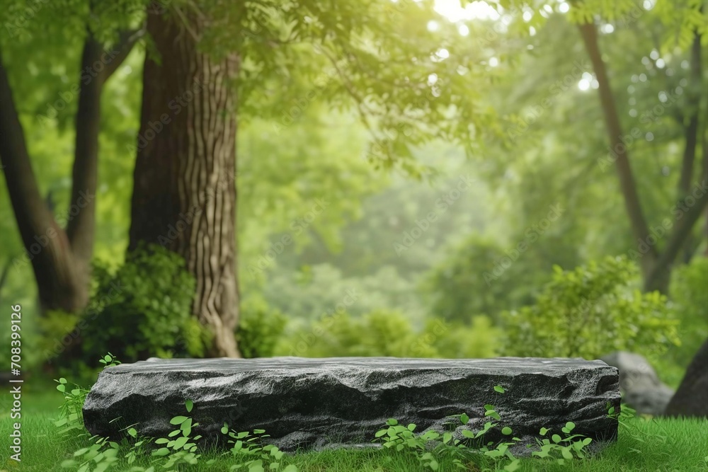 Stone podium table top floor on grass outdoors blur fresh green tropical forest tree nature background.Organic healthy natural product placement pedestal stand display. generative ai. Stone podium table top floor on grass outdoors blur fresh green tropical forest tree nature background.Organic healthy natural product placement pedestal stand display. generative ai.