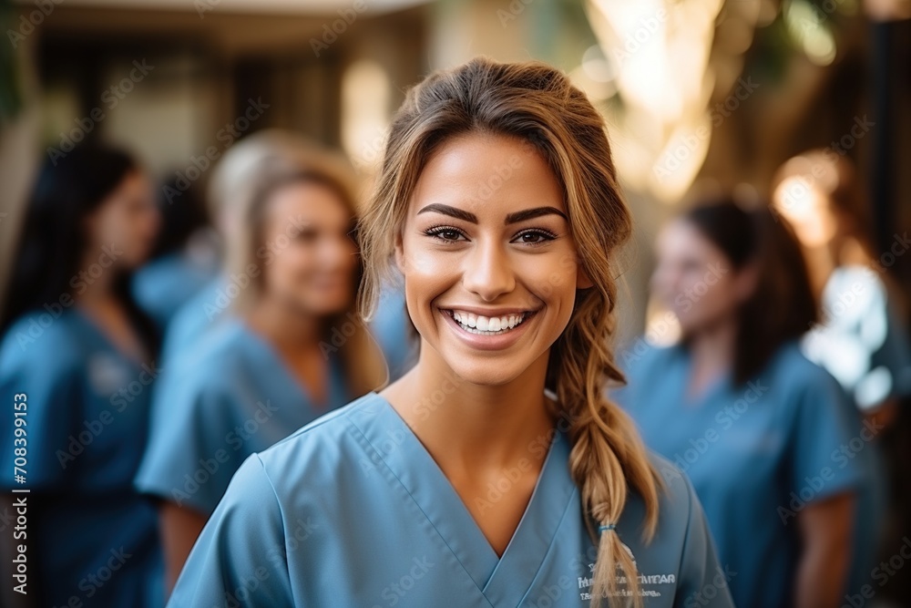 Fototapeta premium Confident young female nurse with colleagues in the background