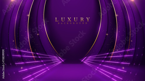 Violet stage scene with purple neon light effects elements and golden curve line decorations and bokeh. Luxury background. Vector illustration.