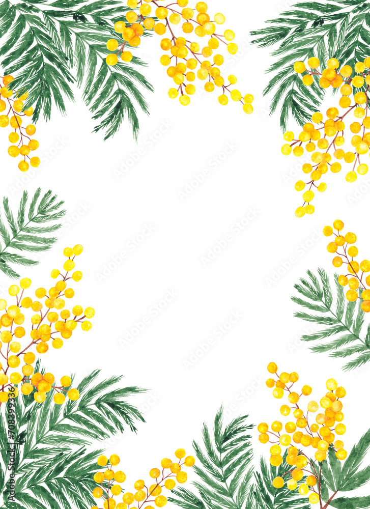 Elegant border frame of hand painted watercolor spring flowers. Yellow mimosa cute watercolor illustration background for invitations and cards. Acacia wedding and stationery design template - obrazy, fototapety, plakaty 