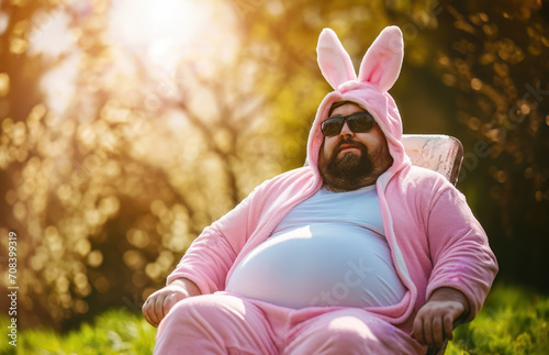 Overweight man wearing a easter bunny costume and relaxing in a chair in garden