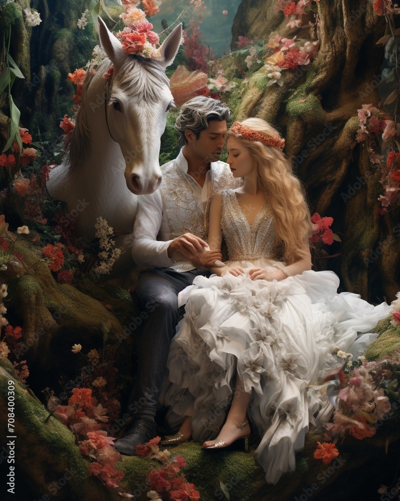 Couple with horse in fantasy garden