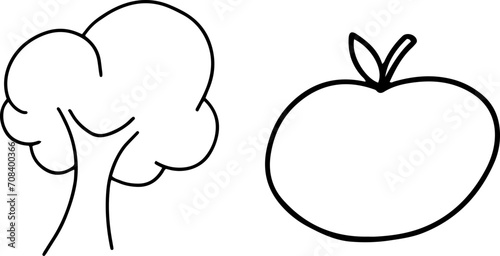 Daycare doodle icons set. Doodle kindergarten montessori toys for nursery, school - tree and apple. Vector illustration