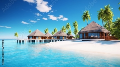 Tropical Paradise, Overwater Bungalows Amidst Palm Trees, Resort © Pure Imagination