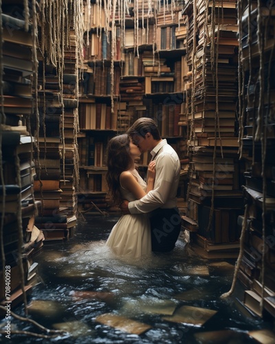 Intimate couple in a room filled with books