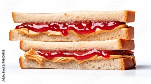 A delectable peanut butter and jelly sandwich showcased in a close-up realistic photo against a white background Generative AI