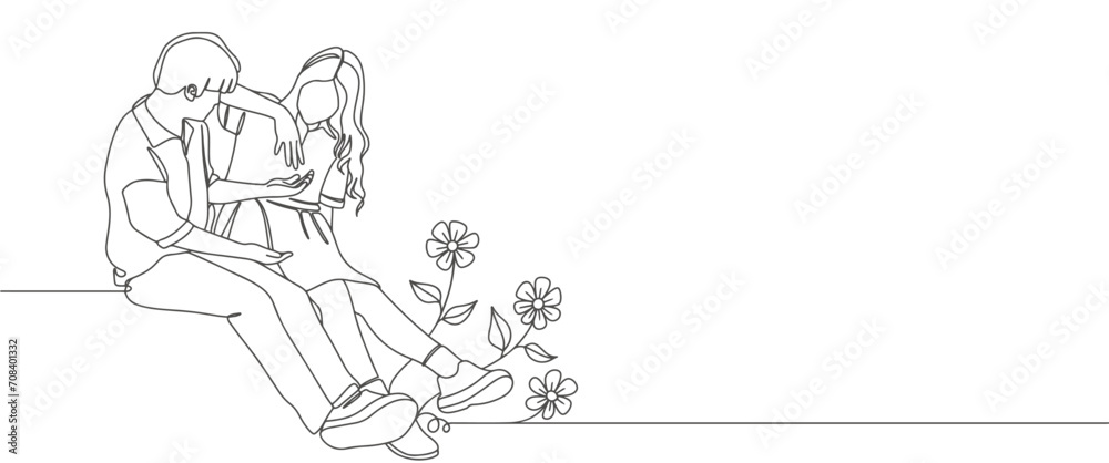 Obraz premium Illustration of happy couple in line art drawing style. Love and friendship black linear sketch isolated on white background. Vector illustration