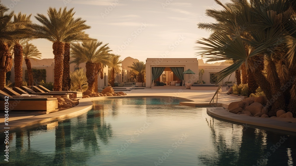 Tranquil luxury resort swimming pool with palm trees and desert background at sunset.