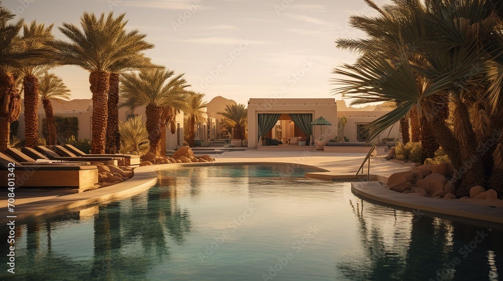 Tranquil luxury resort swimming pool with palm trees and desert background at sunset. Tranquil luxury resort swimming pool with palm trees and desert background at sunset.
