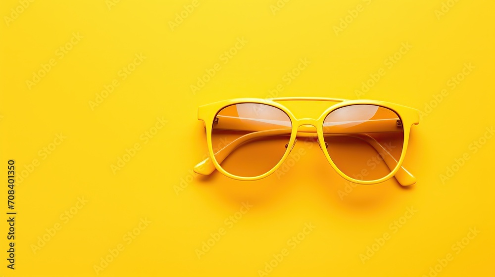 Bright yellow sunglasses centered on a vibrant yellow backdrop, minimalist style. Bright yellow sunglasses centered on a vibrant yellow backdrop, minimalist style.