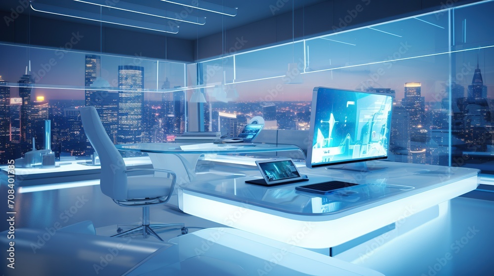 A high-tech white office featuring modern design and a panoramic view of the city skyline at dusk.