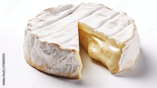 Close-up realistic photo featuring a soft camembert cheese against a white background Generative AI