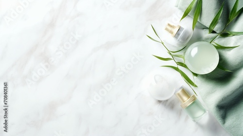 Elegant Skincare Concept: Top View of Luxury Cream Jar and Transparent Dropper Bottles on White Marble Background with Copyspace - Beauty and Wellness