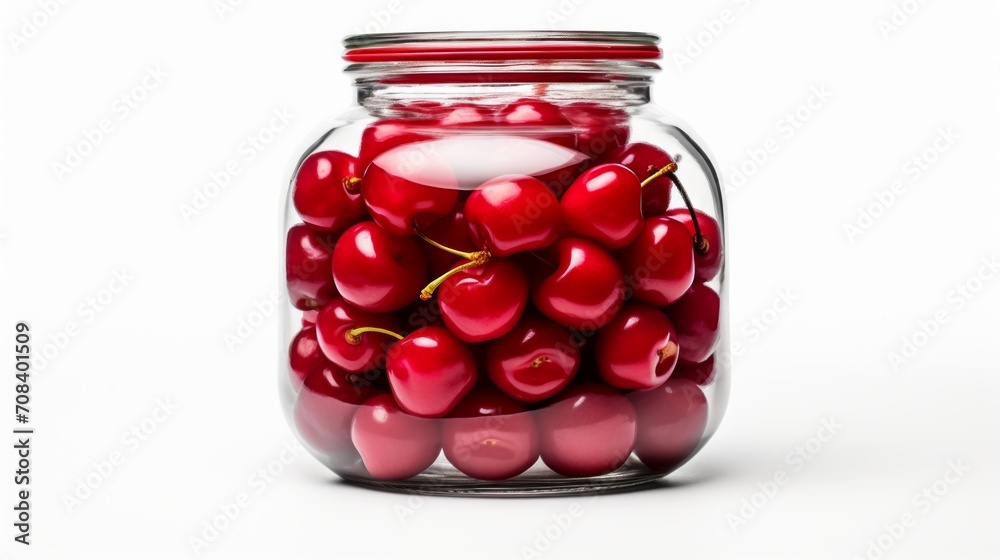 Glass jar filled with sweet, ripe red cherries, close-up realistic photo against a white background Generative AI