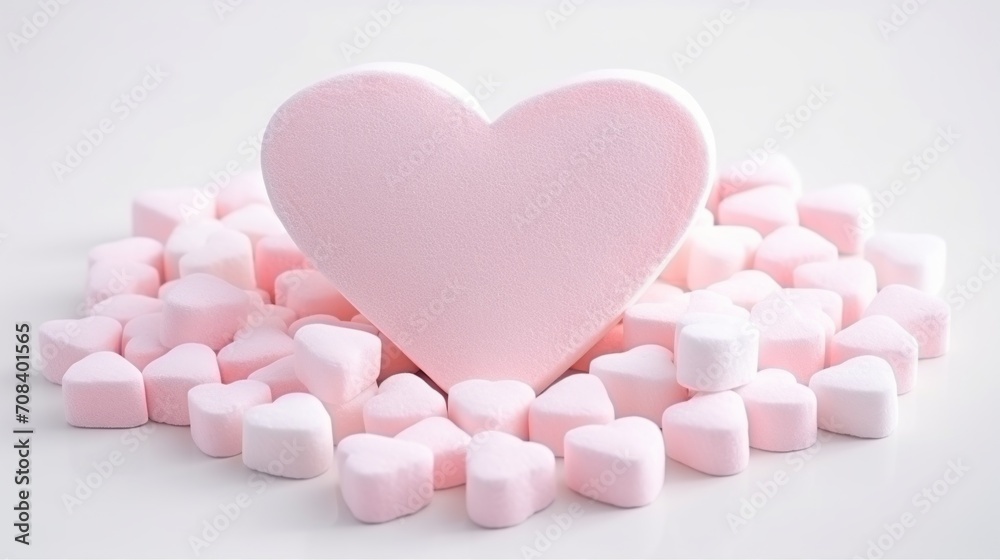 Fototapeta premium Marshmallows in pastel pink, heart-shaped, arranged on a white background, soft lighting, sweet and romantic ambiance Generative AI