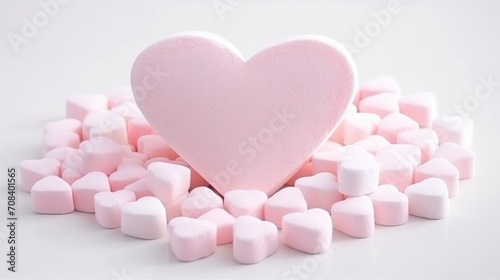 Marshmallows in pastel pink, heart-shaped, arranged on a white background, soft lighting, sweet and romantic ambiance Generative AI