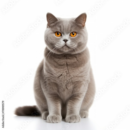 Radiant British Shorthair Cat sitting on a white background, round face, content look Generative AI