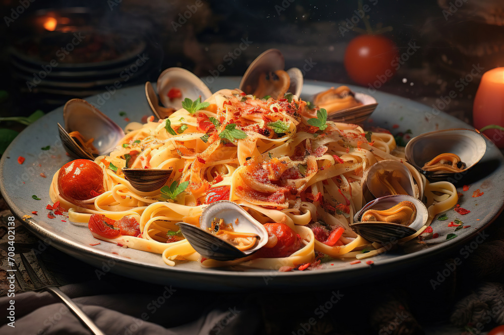 Italian homemade pasta with fresh seafood, spaghetti with shrimp and mussels, traditional Italian food Italian homemade pasta with fresh seafood, spaghetti with shrimp and mussels, traditional Italian food