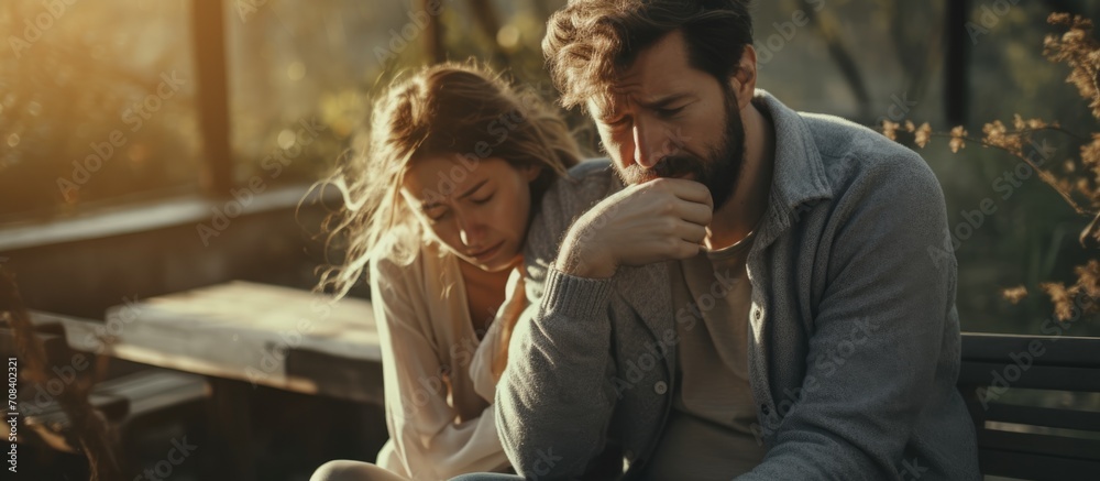Helpful man comforts upset wife after argument; family support needed for mentally exhausted woman; troubled couple overcoming relationship crisis.