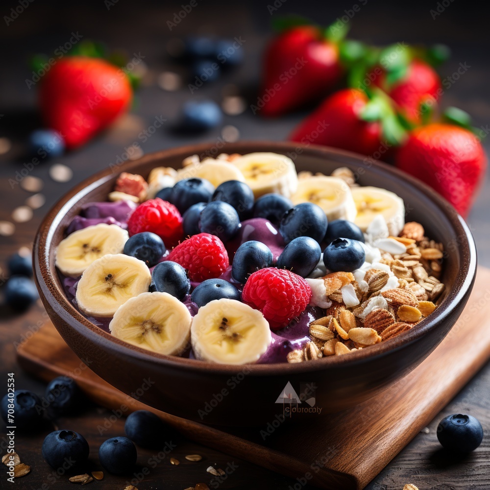 Stock image of acai berry bowl topped with granola, banana, and berries, nutritious superfood breakfast Generative AI Stock image of acai berry bowl topped with granola, banana, and berries, nutritious superfood breakfast Generative AI