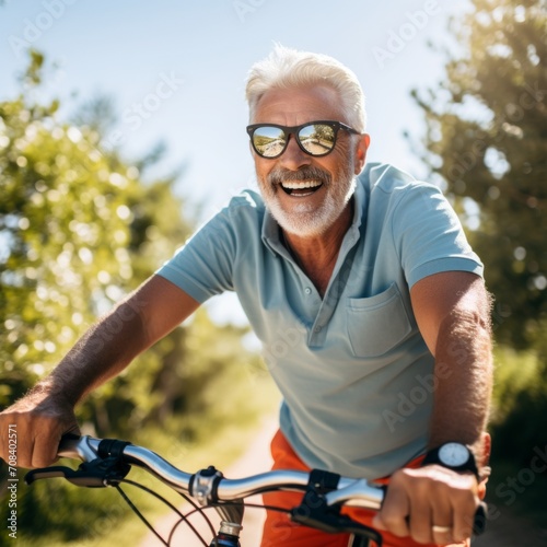 Stock image of an elderly man enjoying a bike ride, staying active and healthy Generative AI