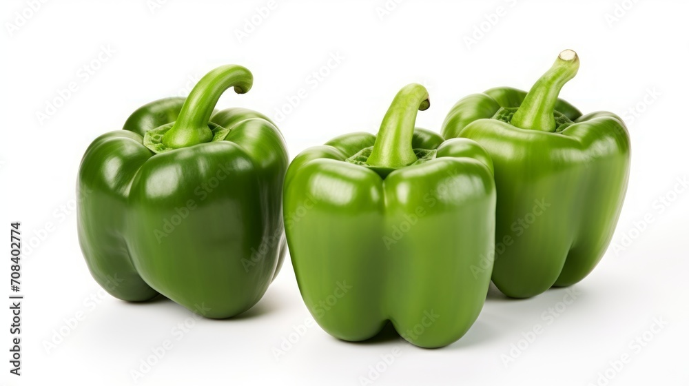Three green bell peppers captured in a close-up realistic photo against a white background Generative AI Three green bell peppers captured in a close-up realistic photo against a white background Generative AI