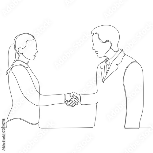 continuous line drawing business man and woman shaking hands vector illustration