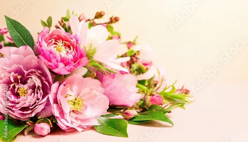  Spring floral composition made of fresh pink flowers on light pastel background © Marko