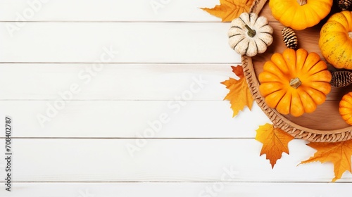 Thanksgiving Feast  Top-View Vertical Photo of Festive Dinner Table with Pumpkins  Raw Vegetables  and Rustic Decor on White Wooden Background - Autumn Celebration Concept