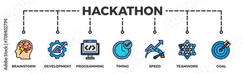 Hackathon banner web icon vector illustration concept for design sprint-like social coding event with icon of brainstorm, development, programming, timing, speed, teamwork, and goal