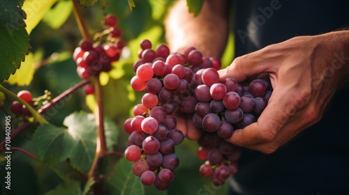 close-up of male hands holding a bunch of red grapes, harvesting in the garden Generative AI