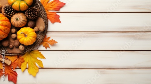 Thanksgiving Feast  Top-View Vertical Photo of Festive Dinner Table with Pumpkins  Raw Vegetables  and Rustic Decor on White Wooden Background - Autumn Celebration Concept