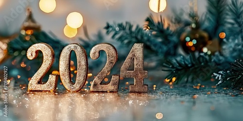 Festive glow. Creative and modern christmas and new year 2024 composition featuring merry holiday elements on wooden background perfect for greeting cards posters and invitations