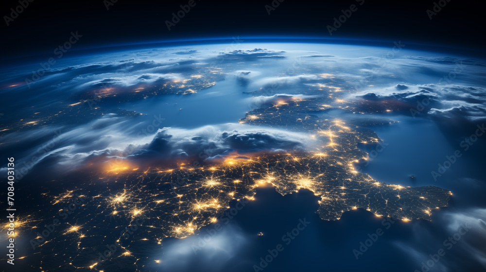 View from space of planet Earth. City lights. Blue glow light clouds. AI generative View from space of planet Earth. City lights. Blue glow light clouds. AI generative