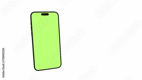 Mobile phone with blank green screen, front view, isolated on white background with alpha channel. 4K animation with camera track motion for presentation on mockup screen