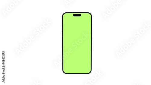 Mobile phone with blank green screen, front view, isolated on white background with alpha channel. 4K animation with camera track motion for presentation on mockup screen