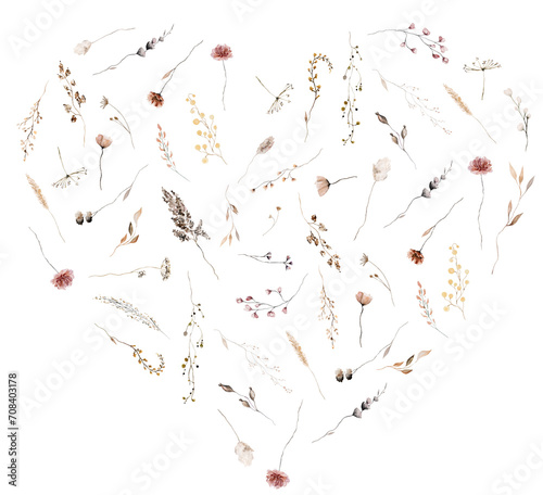 Heart made with watercolor autumn wild flowers and leaves  Brown and beige wedding illustration