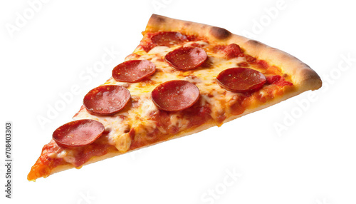 Template with delicious tasty slice of pepperoni pizza flying - isolated