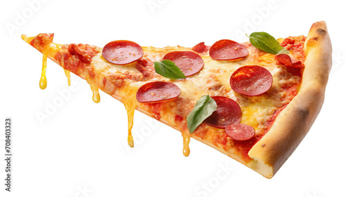 Template with delicious tasty slice of pepperoni pizza flying - isolated