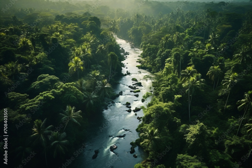 Painting illustration of a river flowing through a rainforest, captured from drone view Painting illustration of a river flowing through a rainforest, captured from drone view