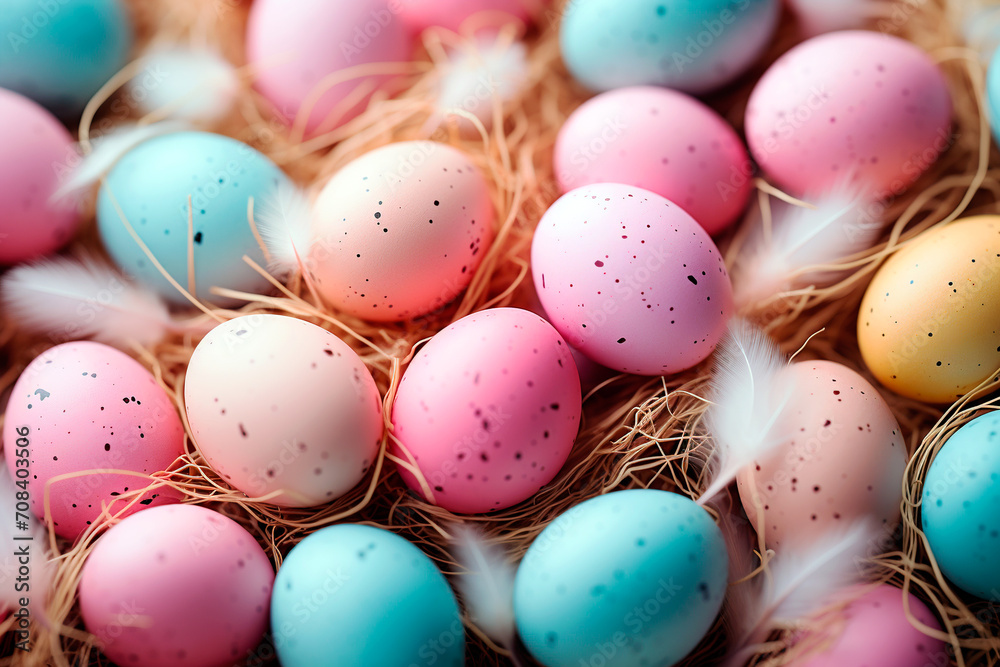 Easter colored eggs close up in a nest, pastel colors, background Easter colored eggs close up in a nest, pastel colors, background