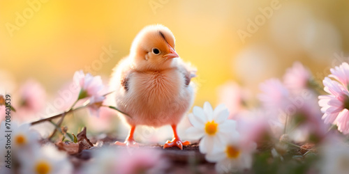 Easter chick in the flowers, Easter background, copy space © Мария Кривецкая