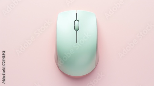 Top view of a hand using a wireless computer mouse for searching necessary information on an isolated pastel color background with copy-space for text or promotional content.
