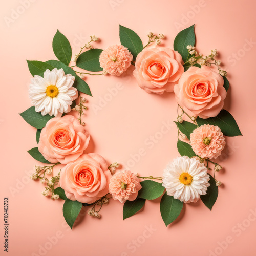 Frame is made of white flowers on a soft peach background. Romantic Greeting Card. Mother's day, Valentines Day, Birthday,Wedding celebration concept. Copy space. Flat lay