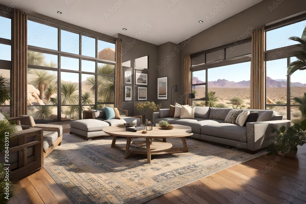 living room with a view of the mountain in forest.