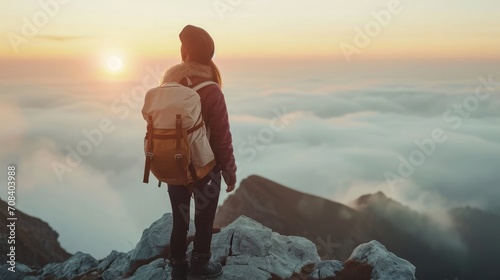 Hipster young girl with backpack enjoying sunset on peak of foggy mountain. Tourist traveler on background view mockup. Hiker looking sunlight photo