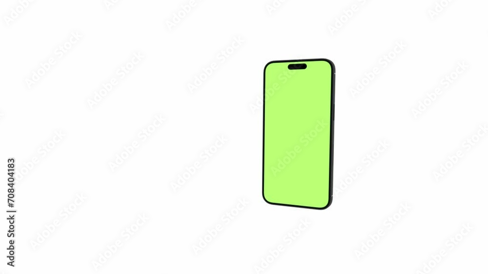 Mobile phone with blank green screen, front view, isolated on white background with alpha channel. 4K animation with camera track motion for presentation on mockup screen Mobile phone with blank green screen, front view, isolated on white background with alpha channel. 4K animation with camera track motion for presentation on mockup screen